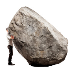 Man hold a big piece of stone isolated on transparent background. AI generated. PNG
