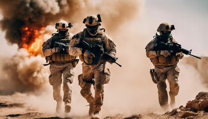 Eroi nel Fumo- Soldati delle Forze Speciali Attraversano la Distruzione del Deserto con Fuoco e Fum - obrazy, fototapety, plakaty