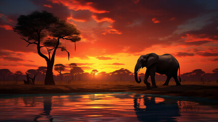 A breathtaking HD capture of an African sunset, featuring the silhouette of a majestic animal against the vibrant and warm hues of the sky.