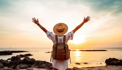 Happy woman raising arms up enjoying sunset on the beach, Delightful traveler standing with hands up looking morning sunrise, Self care, traveling, wellness and healthy life style