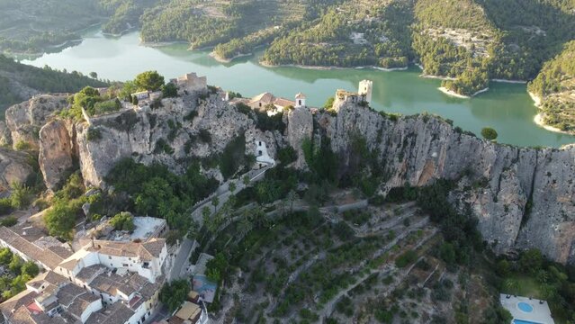 Aerial drone view of Guadalest reservoir in Alicante Spain