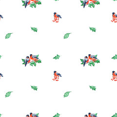 Wrapping paper with Holly and Bullfinches, Green leaves isolated