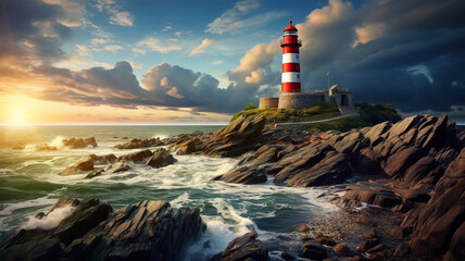 A breathtaking HD image capturing a stunning lighthouse standing proudly along the rocky seaside, surrounded by the beauty of nature and the vast expanse of the sea.