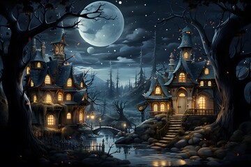 Halloween background with haunted house and full moon in the night, 3d illustration