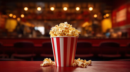 Popcorn in a striped bucket on a wooden background. Cinema concept