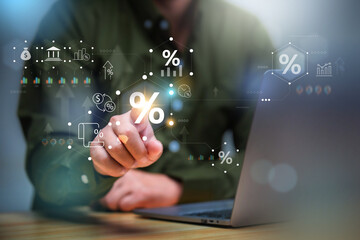 Interest rate and dividend concept, Investor touch a percentage symbol of invest return profit, return on stocks and mutual funds, long term investment for retirement.
