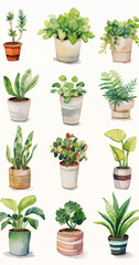 Plantas verdes diversas em vasos diferentes isolado no fundo branco - Ilustração infantil simples 2d 