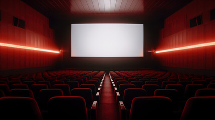 Empty cinema auditorium with red seats and white screen.