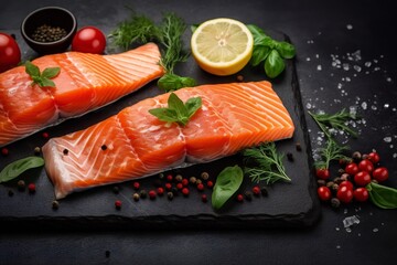 salmon fillet with pepper and lemon on dark wooden table. Fresh Salmon fish fillet - obrazy, fototapety, plakaty