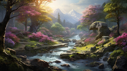 A breathtaking spring landscape featuring a meandering stream, surrounded by blossoming trees and mossy rocks, capturing the essence of nature's renewal.