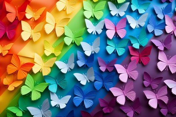 Rainbow paper background with white paper butterflies origami. Zero discrimination day concept. - obrazy, fototapety, plakaty