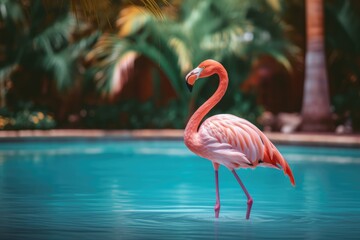 Pink Flamingo By Turquoise Pool In The Tropics
