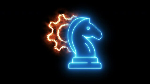 Glowing neon line of chess knight horse piece icon with gear isolated on transparent background. Concept for business strategic growth, vision and mission goal to success. 4K Video motion graphic.