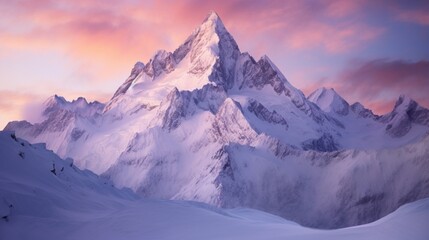 showcasing a mountainous terrain enveloped in a gentle snowfall at dawn. The first light of sunrise...