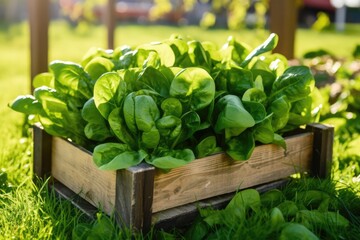 Spinach-Filled Wooden Box Rests On The Grass