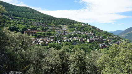 Fototapeta na wymiar The stunning view of Aixirivall from a hiking trail in Andorra, in the month of June
