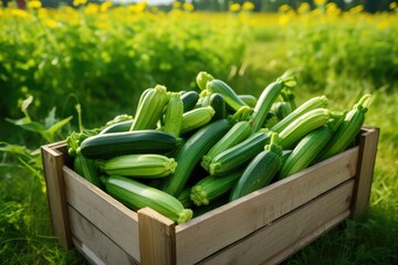 Zucchini-Filled Wooden Box Rests On The Grass