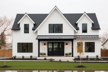 Brand New White Farmhouse With Dark Roof And Black Windows