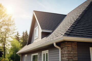 Closeup Of New House Roof With Shingles And Gutters - obrazy, fototapety, plakaty