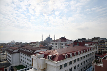 Istanbul cityscape. City roofs and Blue mosque. Turkey
