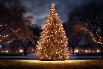 Naklejka premium Illuminated Outdoor Christmas Tree Adorned With Lights At Night