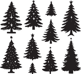 Silhouette Solid Vector Icon Set Of Christmas Tree, Yule tree, Fir tree, Tannenbaum, Evergreen, Conifer, Pine tree, Holiday tree, Festive tree, Decorated tree, Seasonal tree.