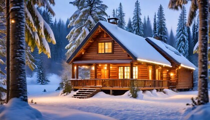 house in the forest, cozy wooden cabin nestled in a snow-covered forest, its warm lights casting a welcoming glow.j