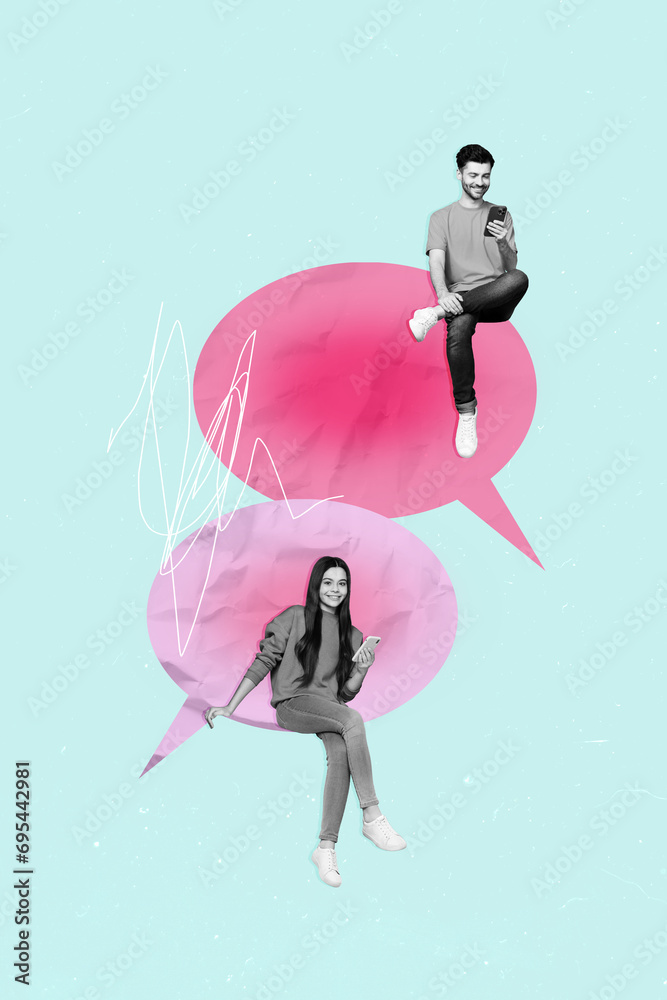 Poster vertical collage image of two black white effect mini people sit dialogue bubble use smart phone cha