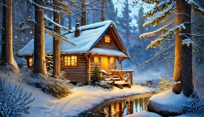 house in the woods,  Delve into the tranquility of a winter forest scene, where a wooden cabin sits adorned in snow, its lights inviting you into a world of warmth and coziness,