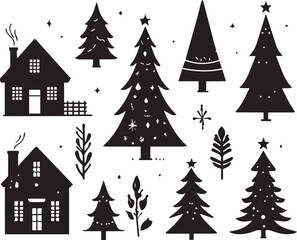 Obraz premium Silhouette Solid Vector Icon Set Of Christmas Tree, Yule tree, Fir tree, Tannenbaum, Evergreen, Conifer, Pine tree, Holiday tree, Festive tree, Decorated tree, Seasonal tree.