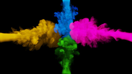 Clubs of multi-colored smoke collide from four sides on a black background. 3d illustration.