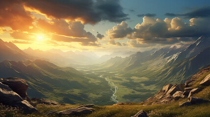 A breathtaking view of a mountain valley during summer sunrise, with the sun illuminating the landscape in warm tones, presenting a vivid and realistic natural scene captured in high definition. - obrazy, fototapety, plakaty
