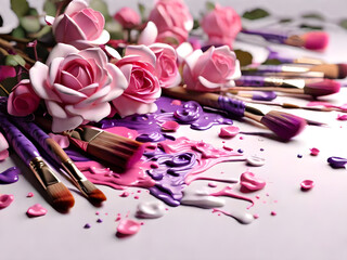 Obraz na płótnie Canvas Paintbrushes with pink and violet color, roses and petals, on a white background.