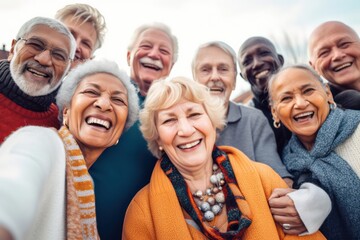 Happy group of senior people smiling at camera outdoors, Older friends taking selfie pic with smart mobile phone device, Life style with pensioners having fun together on summer holiday