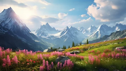 Foto op Plexiglas A breathtaking view of alpine meadows in the Caucasus mountains, where the vibrant colors of wildflowers harmonize with the majestic peaks, creating a stunning and realistic scene © Zeeshan Qazi
