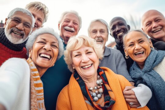 Happy group of senior people smiling at camera outdoors, Older friends taking selfie pic with smart mobile phone device, Life style with pensioners having fun together on summer holiday