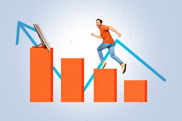 Artwork collage image of excited mini guy run climb graphics stats stairs upwards arrow pointer...