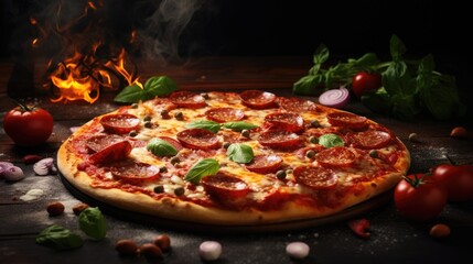 Pizza advertisement menu banner with copy space area. Pizza with flying ingredients and spices hot ready to serve and eat
