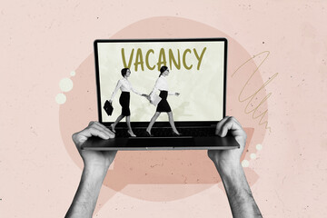 Collage picture of black white colors arms hold laptop two mini elegant girls walk work job vacancy...