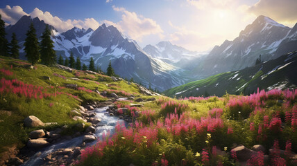 A breathtaking view of alpine meadows in the Caucasus mountains, where the vibrant colors of wildflowers harmonize with the majestic peaks, creating a stunning and realistic scene - obrazy, fototapety, plakaty
