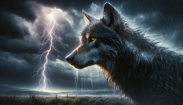 A photo-realistic, detailed image of a dramatic scene of a wolf during a thunderstorm, in a 16_9 ratio.