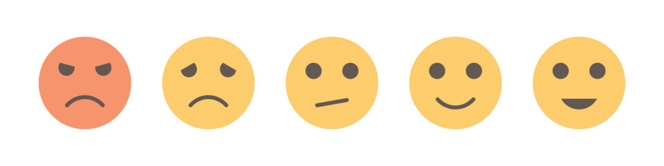 Rating smiley, angry, happy emojis. Feedback or satisfaction rating emojis with grey eyes.
