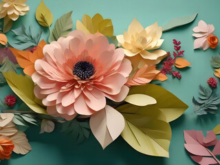 Creative layout made of flowers and leaves with paper card note. 