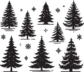 Silhouette Solid Vector Icon Set Of Christmas Tree, Yule tree, Fir tree, Tannenbaum, Evergreen, Conifer, Pine tree, Holiday tree, Festive tree, Decorated tree, Seasonal tree.