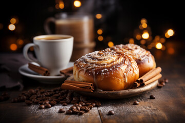 freshly baked cinnamon buns and coffee on a warm, festive background