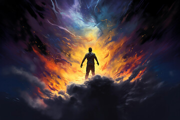 a man's silhouette against a dramatic backdrop of fiery clouds and cosmic lights