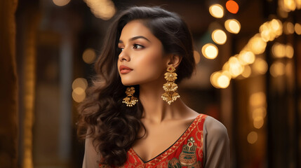 stunning indian model profile with traditional jewelry and embroidered attire