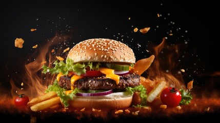 Burger advertisement menu banner with copy space area. Burger with flying ingredients and spices hot ready to serve and eat