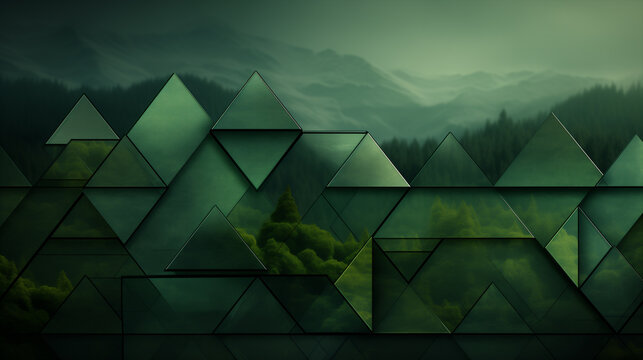 Sfondo digitale astratto con alberi, montagne e forme geometriche trasparenti