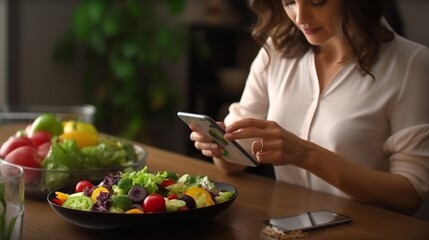 Obraz na płótnie Canvas Healthy lifestyle: woman counts calories and manages diet with smartphone app at dining table, salad in focus